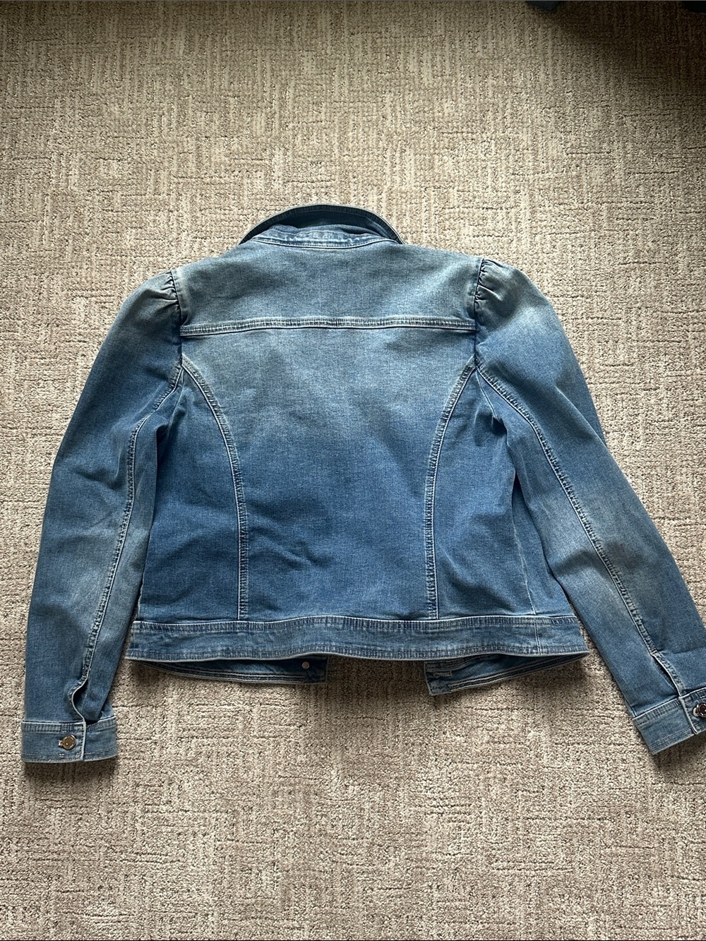 White House Black Market Medium Wash Denim Jacket with Puff Shoulders - Picture 3 of 4